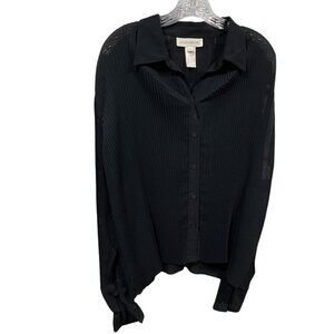 Jones New York Black Pleated Button-Up Blouse Size 14 Womens Polyester DH15